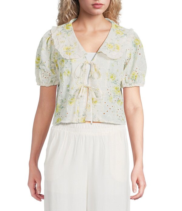 ブルーペッペーブルーペッパー レディース トップス シャツ フラワー柄 刺繍 クロップド ブラウス フラワー Blu Pepper Floral Embroidered Collared Short Sleeve Cropped Blouse Blue Multi ブルー｜ReVida 店