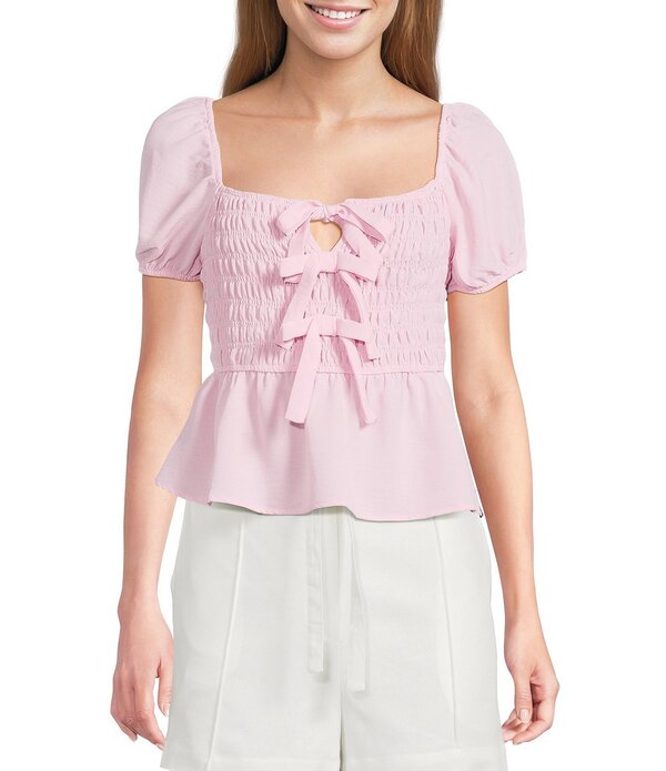 ブルーペッペーブルーペッパー レディース トップス シャツ ブラウス Blu Pepper Short Puff Sleeve Tie Front Shirred Blouse Pink ピンク｜ReVida 店