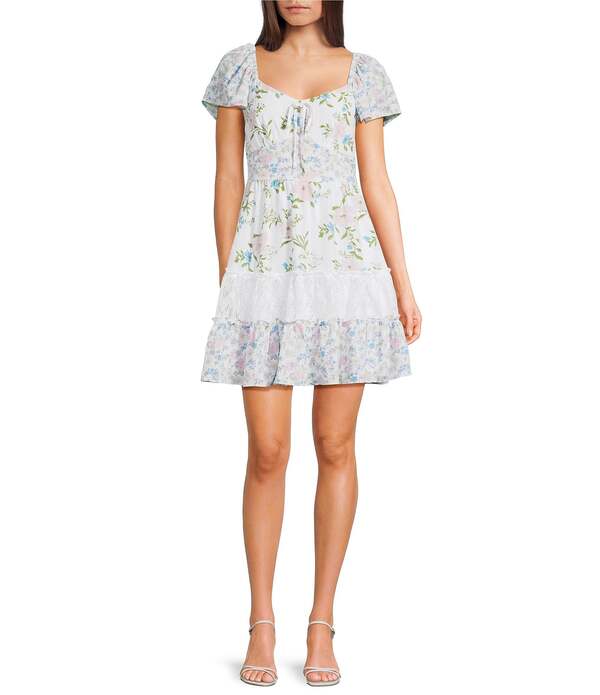 ミッドナイト ドール レディース トップス ワンピース ティアード フラワー柄 プリント レース フラワー Midnight Doll Mixed Floral Printed Lace Flutter Sleeve Tieredress White Multi ホワイト|ReVida 店