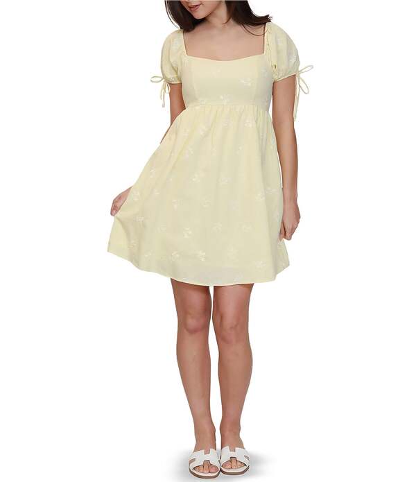 スティーブ マデン レディース トップス ワンピース 刺繍 Stevie by Steve Madden Embroidered Short Puff Sleeve Babydoll Dress Butter Yellow イエロー