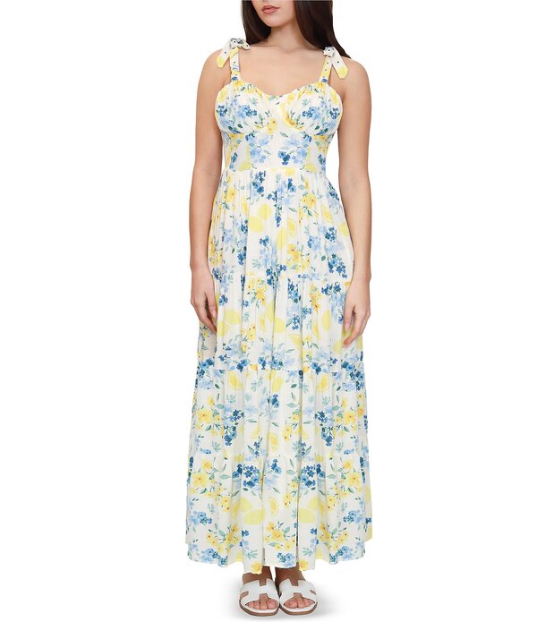 スティーブ マデン レディース トップス ワンピース ティアード フラワー柄 プリント マキシ フラワー Stevie by Steve Madden Floral Printed Sweetheart Neck Tie Shoulder Tiered Maxi Dress Butter Yellow イエロー