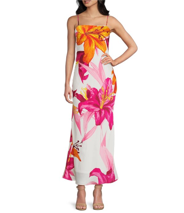 ミッドナイト ドール レディース トップス ワンピース フラワー柄 プリント サテン マキシ フラワー Midnight Doll Satin Floral Printed Maxi Dress Ivory/Fuchsia アイボリー