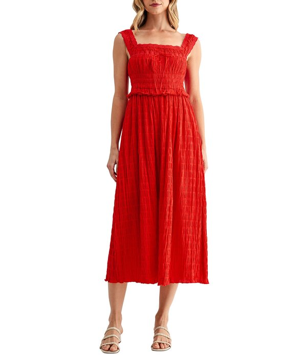 オールインフボール レディース トップス ワンピース ギャザー ミディ All in Favor Square Neck Ruched Waist Midi Dress Red レッド