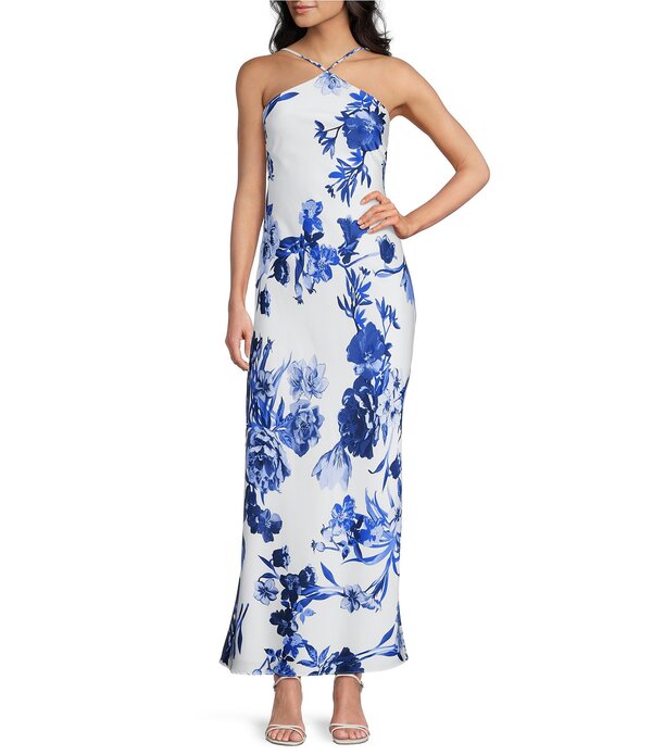 ビーダーリン レディース トップス ワンピース フラワー柄 プリント マキシ フラワー ホルター B. Darlin Floral Printed Halter Neck Maxi Dress White/Blue ホワイト