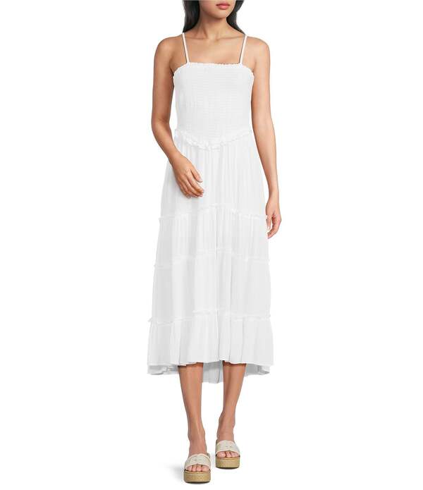 アンジー レディース トップス ワンピース ティアード ミディ シャーリング Angie Smocked Bodice Tiered Midi Dress White ホワイト｜ReVida 店