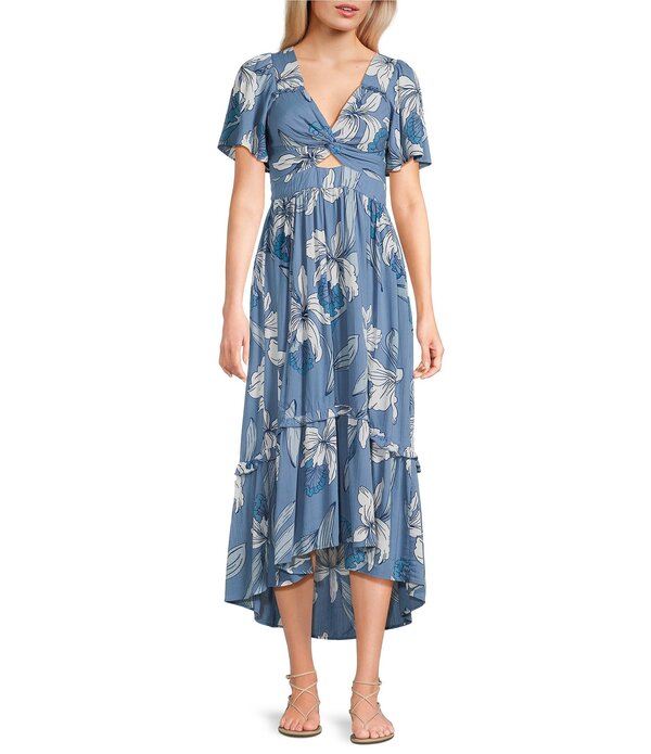 アンジー レディース トップス ワンピース Vネック フラワー柄 プリント フラワー Angie Floral Printedeep V-Neck Flutter Sleeve High Low Dress Blue ブルー｜ReVida 店