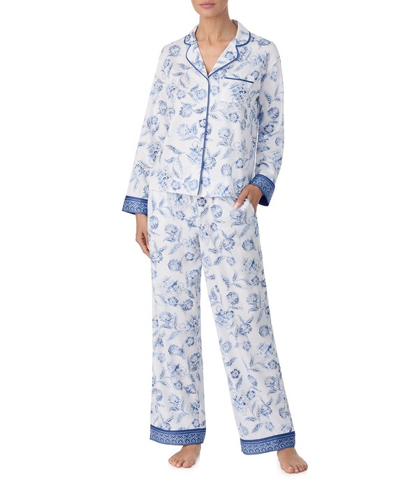 トッミーバハマ レディース アンダーウェア ナイトウェア フラワー柄 Tシャツ フラワー Tommy Bahama Long Sleeve Notch Collar Floral Sateen Long Pajama Set White/Blue Floral ホワイト