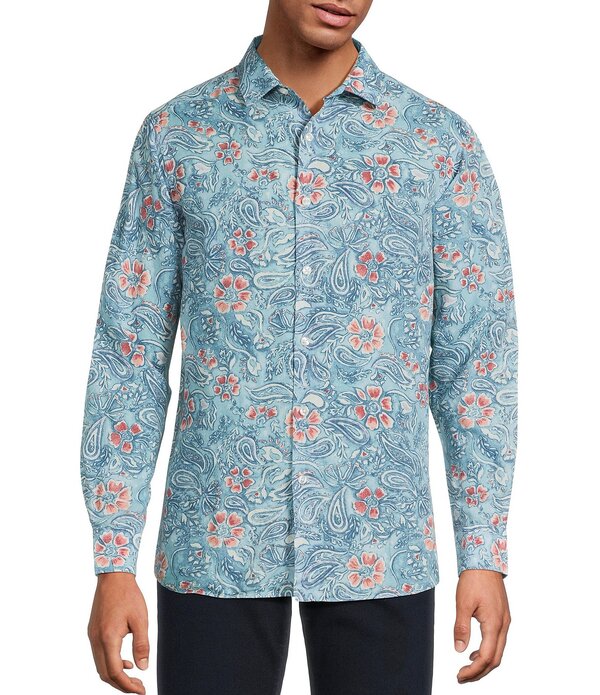 ハート シャフナー マルクス メンズ トップス シャツ フラワー柄 リネン フラワー Hart Schaffner Marx Long Sleeve Floral Paisley Linen Button Front Shirt Dusty Turquoise ターコイズ|ReVida 店