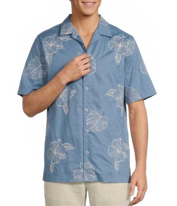 カリビアン メンズ トップス シャツ Caribbean Leaf Embroidery Short Sleeve Woven Camp Shirt Medium Blue ブルー