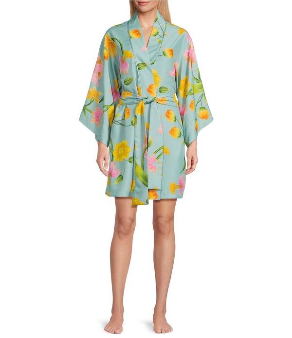 ナトリ レディース アンダーウェア ナイトウェア Vネック フラワー柄 プリント サテン フラワー Natori Satin Floral Print Long Sleeve V-Neck Coordinating Short Robe MLT