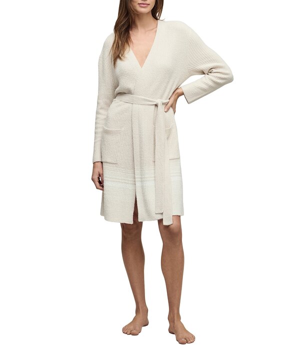 ベアフットドリームス レディース アンダーお召しもの ナイト爵お召しもの Vのど首 肋材 Barefoot Dreams CozyChic LiteR Long Sleeve V-Neck Stripe Ribbed Short Robe Sandune/Pearl パール