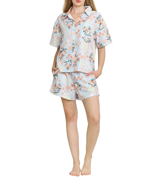 ハニーデュー インティメッツ レディース アンダー御召しもの ナイト爵御召しもの Honeydew Brunch Date Citrus Check Woven Short Sleeve Notch Collar Shorty Pajama Set Citrus Check 照合のしるし