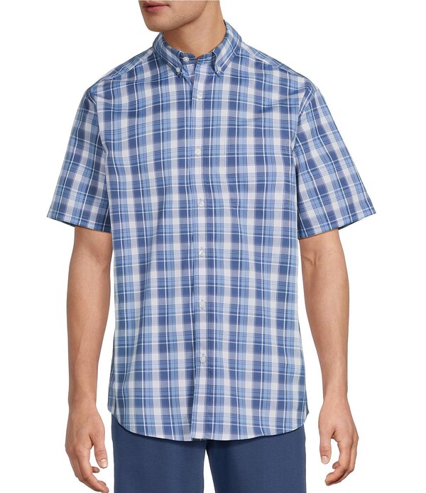 ラウンドトゥリーアンドヨーク メンズ トップス シャツ Roundtree & Yorke TravelSmart Easy Care Short Sleeve Medium Plaid Poplin Sport Shirt Dark Blue ブルー｜ReVida 店