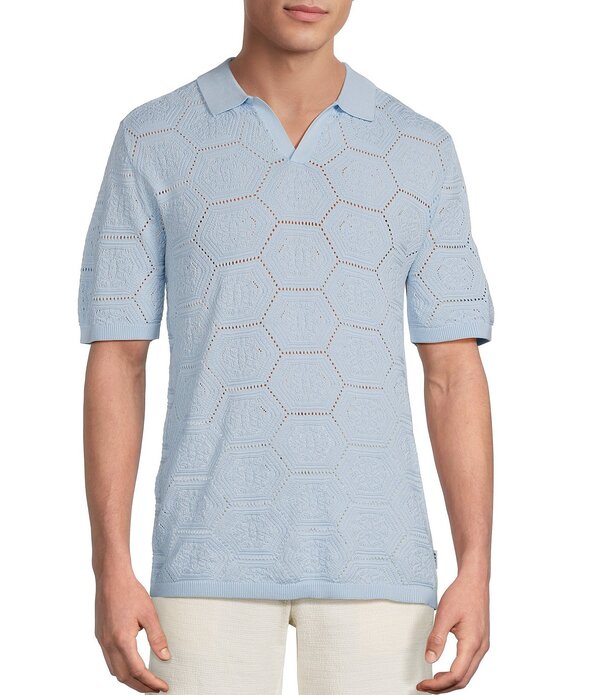ラウン メンズ トップス プルオーバー 編み物 Rowm Short Sleeve Solid Jacquard Johnny Collar Knit Shirt Blue 青色 トップス-メンズファッション-カジュアルシャツ
