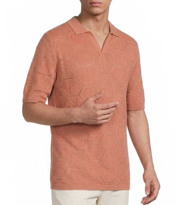 ラウン メンズ トップス プルオーバー 編み物 Rowm Short Sleeve Solid Jacquard Johnny Collar Knit Shirt Coral コーラル カジュアルシャツ-メンズファッション