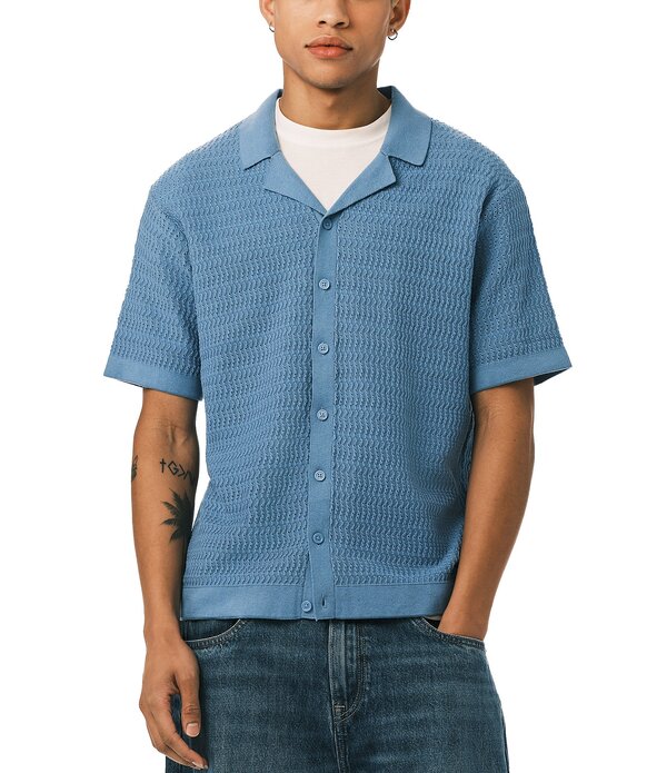 バッファロー・デイビッド・ビトン メンズ トップス プルオーバー 編み物 Buffalo David Bitton Short Sleeve Textured Knit Button Front Waldir Shirt Silver Lake Blue 青色