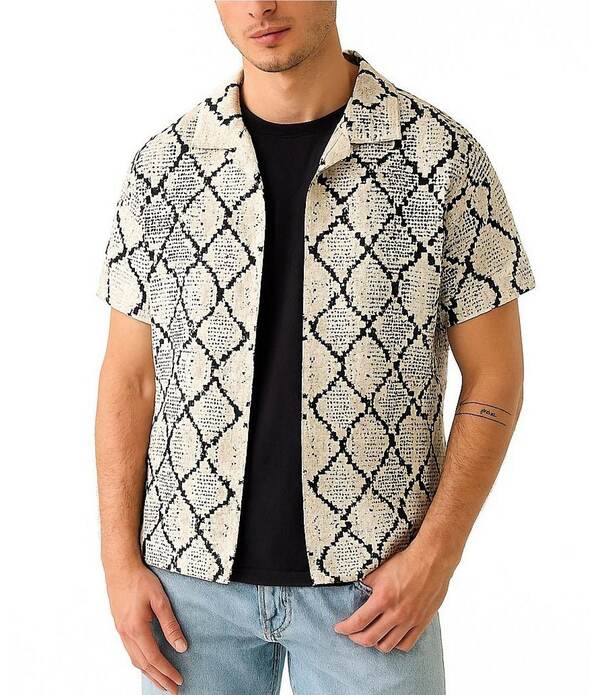 ゲス メンズ トップス シャツ Guess Carter Snakeskin/Geometric Patterned Short Sleeve Woven Shirt Salt White Multi ホワイト