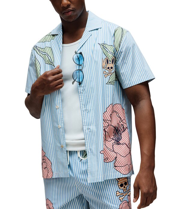サイコバニー メンズ トップス シャツ Psycho Bunny Blair Poplin Short Sleeve Woven Camp Shirt Glacier Lake