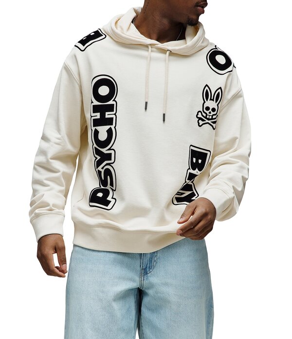 サイコバニー メンズ トップス シャツ リラックスフィット ロゴ パーカー Psycho Bunny Toby Wordmark Flocking Logo Long Sleeve Relaxed Fit Hoodie Pristine