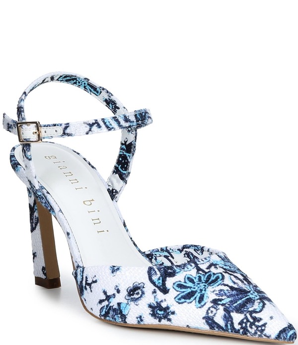 ジャンビニ レディース シューズ 踵 刷り上げる アンクル Gianni Bini Geno Printed Ankle Wrapointed Toe Pumps White/Blue 白いこと