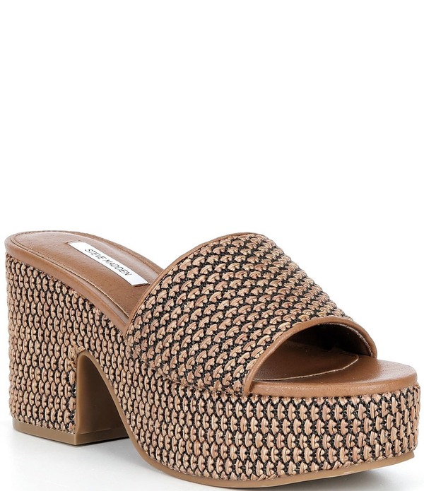 スティーブ マデン レディース シューズ サンダル プラットフォーム ヒール Steve Madden Trippy Raffia Platform Block Heel Slide Sandals Tan/Multi タン