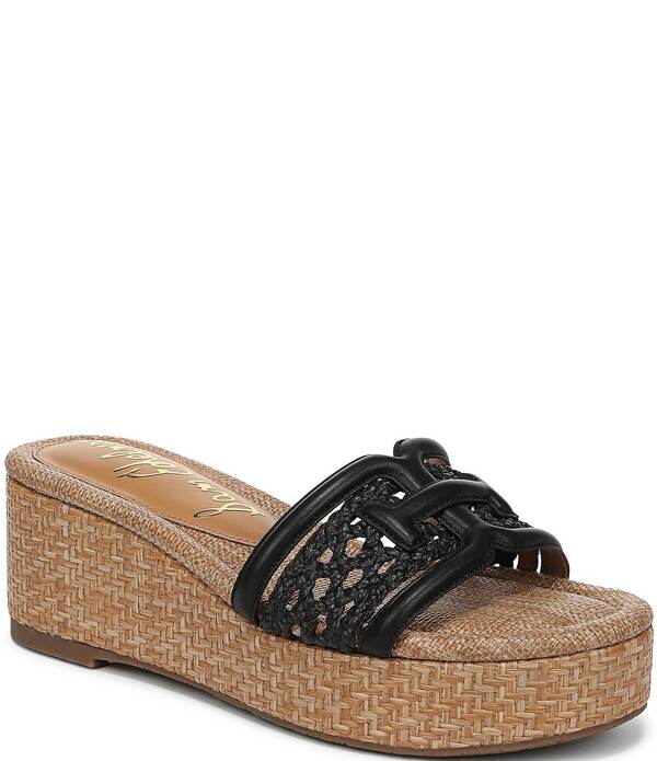 サムエデルマン レディース シューズ サンダル プラットフォーム ロゴ Sam Edelman Pauleena Woven Raffia Double Logo Platform Wedge Slide Sandals Black ブラック｜ReVida 店