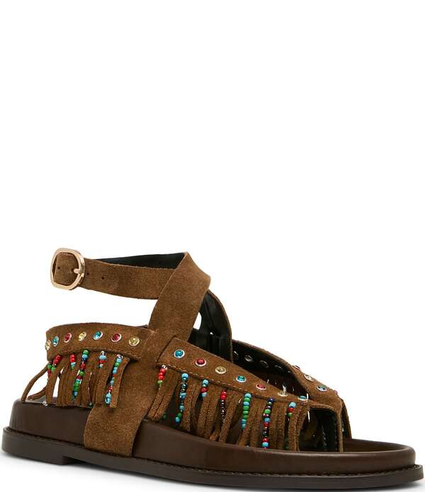 スティーブ マデン レディース シューズ サンダル スエード アンクル フリンジ Steve Madden Wendell Suede Beaded Fringe Ankle Wrap Sandals Chestnut|ReVida 店