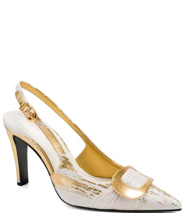 ダナキャラン レディース シューズ ヒール トール Donna Karan Peara Metallic Foil Buckle Oranmented Slingback Pointed Toe Pumps Ivory/Gold アイボリー