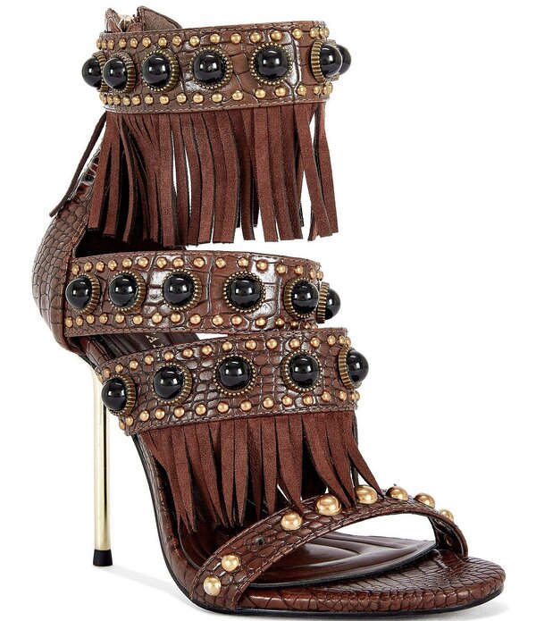 アザレア 一 レディース シューズ 踵 サンダル フリンジ Azalea Wang Antoine Croco Embossed Fringed Cabochon Studded Sandals Chocolate 黒茶