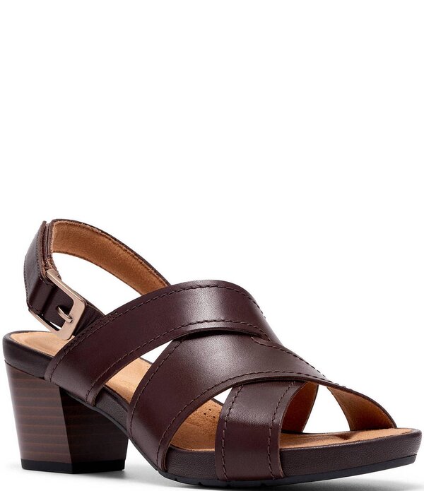 クラークス レディース シューズ サンダル レザー ヒール Clarks Artisan Kymber Shine Leather Block Heel Slingback Sandals Dark Brown ブラウン