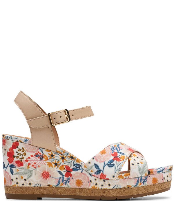 クラークス レディース シューズ サンダル お花柄 プラットホーム 刷り上げる お花 Clarksignature Chicly Floral Print Platform Wedge Sandals White 白いこと レディース靴-コンフォートサンダル
