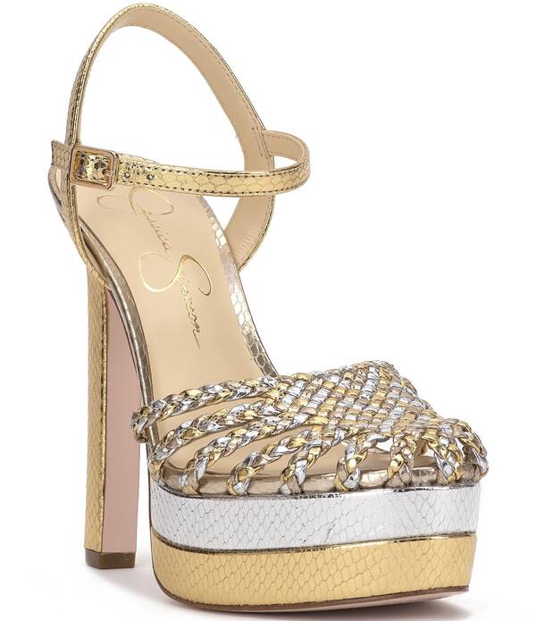 ジェシカシンプソン レディース シューズ ヒール プラットフォーム トール カラーブロック Jessica Simpson Inaia Metallicolorblock Embossed Braided Platform Pumpsilver/Gold ゴールド