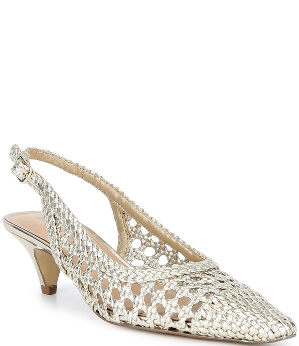 ドナルドプリネール レディース シューズ 踵 なめし革 Donald Plinerisha Woven Leather Kitten Heel Slingback Pumps Gold ゴールド