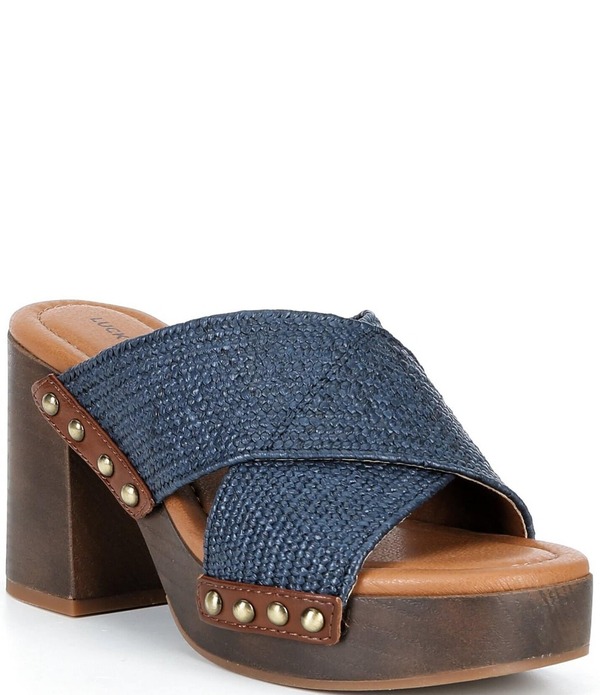 ラッキーブランド レディース シューズ サンダル ヒール Lucky Brand Casyna Crosstrap Studded Heel Slide Sandals Navy ネイビー｜ReVida 店