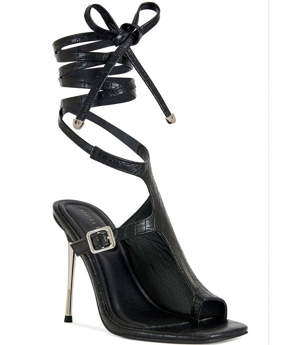 アザレア ワン レディース シューズ ヒール プリント サンダル アンクル Azalea Wang Previa Croco Print Ankle Wrap Tie Toe Loop Dressandals Black ブラック 23,980円