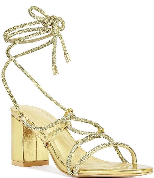 アザレア 一 レディース シューズ サンダル トール アンクル 踵 Azalea Wang Revani Metallic Rhinestone Ankle Tie Block Heel Dressandals Gold ゴールド