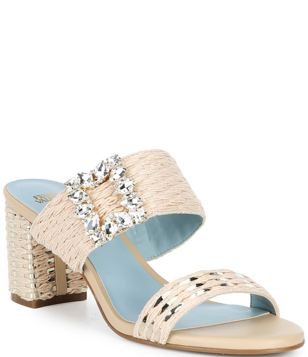 フランセスバレンタイン レディース シューズ サンダル ヒール FRANCES VALENTINE Betty Raffia Embellished Block Heel Slide Sandals Natural/Gold ゴールド|ReVida 店