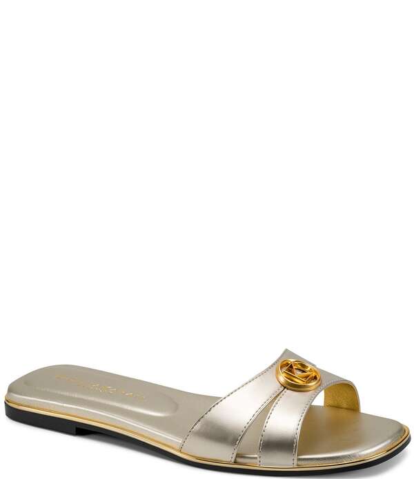 ダナキャラン レディース シューズ パンプス サンダル トール Donna Karan Halo Metallic Flat Slide Sandals White Gold 白いこと