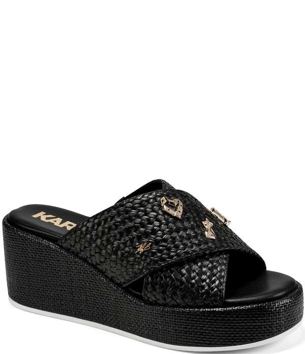 カール ラガーフェルド レディース シューズ サンダル プラットフォーム KARLAGERFELD PARIS Caleigh Atelier Woven Raffia Platform Wedge Slide Sandals Black ブラック