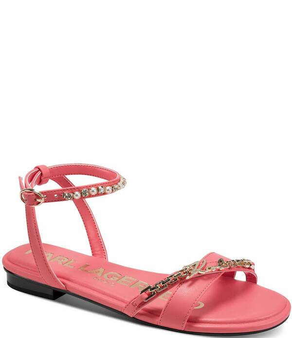カール ラガーフェルド レディース シューズ サンダル アンクル KARLAGERFELD PARIS Christiano Chain Rhinestone Pearl Ankle Strap Sandalsunset Coral コーラル