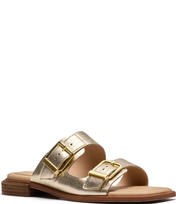 クラークス レディース シューズ パンプス サンダル レザー Clarks Artisan Ariany Bay Leather Double Banded Buckle Slide Sandals Gold ゴールド