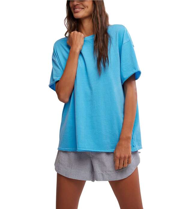 フリーピープル レディース トップス シャツ クルーネック Free People Nina Short Sleeve Raw Edge Crew Neck Boxy Tee Shirt Maliblue｜ReVida 店