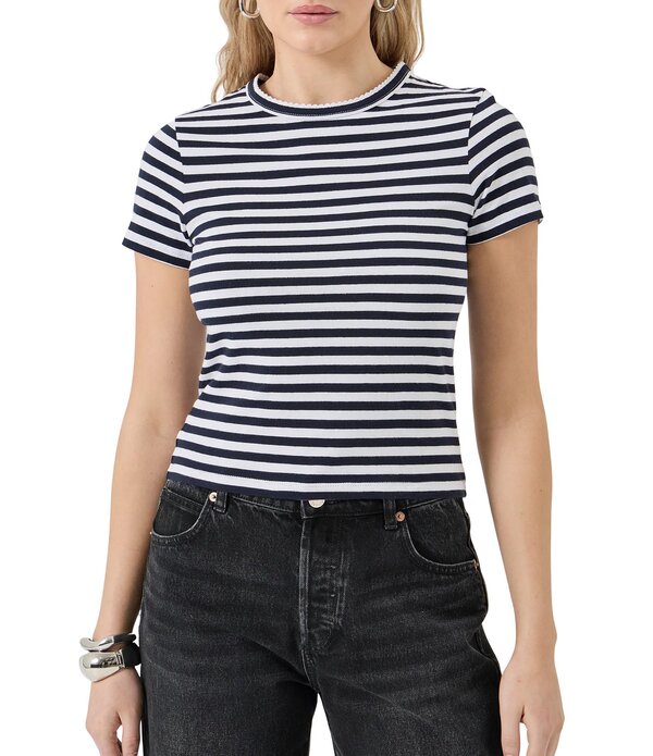 ローラズ レディース トップス シャツ コットン Rolla's Parostripe Soft Cotton Pointelle Scallopedge Neck Short Sleeve Tee Navy ネイビー｜ReVida 店