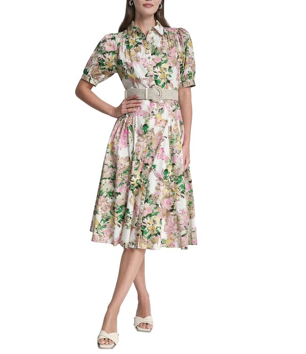 ダナキャラン レディース トップス ワンピース フラワー柄 プチ プリント ミディ シャツ フラワー DKNY by Donna Karan Petite Size Woven Floral Print Short Puff Sleeve Belted Midi Shirt Dress Ivory Multi アイボリー