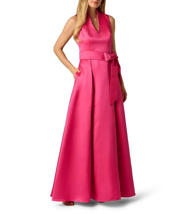アドリアナ パペル レディース トップス ワンピース Vネック ノースリーブ Adrianna Papell Taffeta Mikado V-Neck Sleeveless Tie Front Gown Electric Pink ピンク