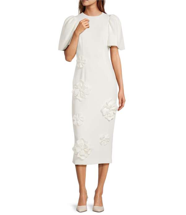 アントニオ メラーニ レディース トップス 衣装 御花柄 御花 Antonio Melani Polly Floral Applique Jewel Neckline Short Sleeve Dress Ivory 象牙色