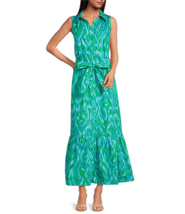 シュガーリップス レディース トップス ワンピース プリント シャツ ノースリーブ マキシ Sugarlips Penola Cileah Printed Collared Sleeveless Poplin Maxi Shirt Dress Cerulean/Kelly