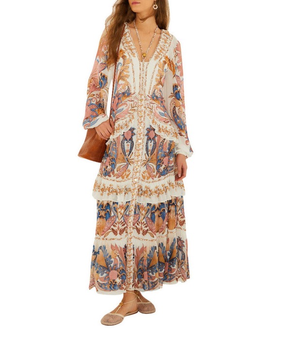 ファーム レディース トップス ワンピース Vネック ティアード フラワー柄 プリント マキシ フラワー Farm Rio Sea Garden Off-White Braided Border Floral Print V-Neck Long Sleeve Tiered Maxi Dressea Garden Off-White オフホワイト