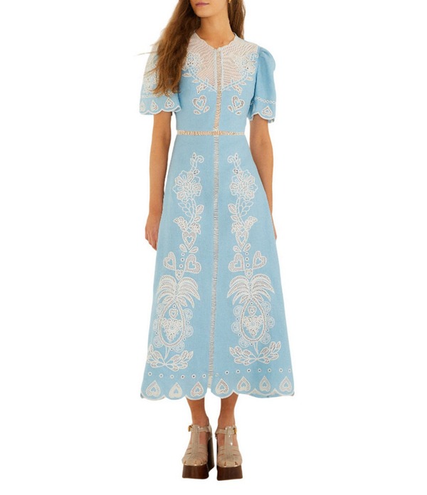 農園 レディース トップス 衣装 開けっ広げうしろ側 御花柄 midi リネン 御花 Farm Rio Floral Embroidery Linen Round Neck Short Sleeve Open Back Midi Dress Blue 青み