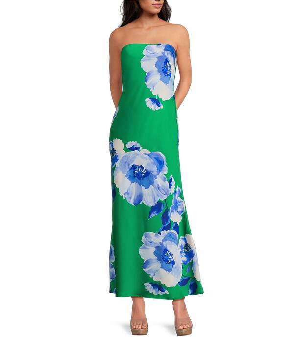 シュガーリップス レディース トップス ワンピース フラワー柄 サテン ストラップレス マキシ フラワー Sugarlips Morgany Floral Tirza Straplessatin Maxi Slip Dress Green/Blues グリーン